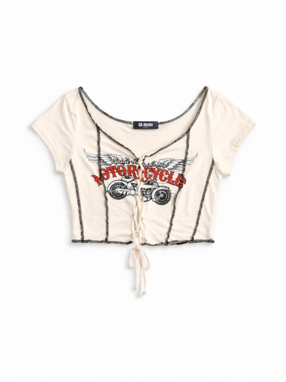 G-Mini Cream Motorcycle Graphic Women's Crop Top - Y2K Moto Babe